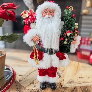 Traditional Santa Claus Tabletop Christmas Decor Holding Tree and Toy Bag, 16”H